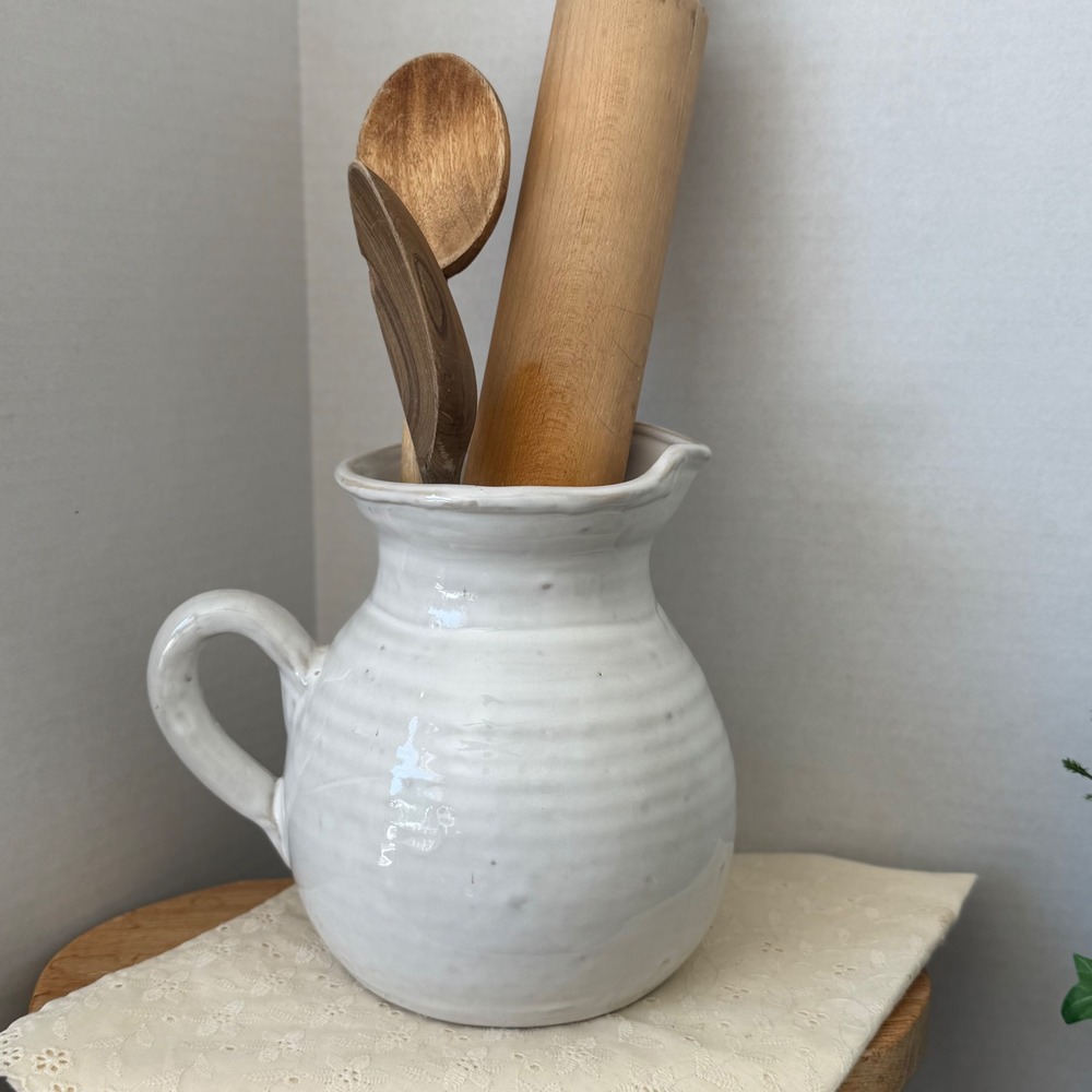 Handmade White Ceramic Pitcher Vase Pottery Farmhouse Cottagecore Decor‎